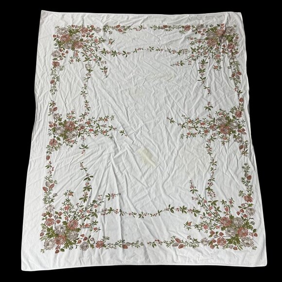 Vintage Floral Tablecloth Cotton Fall Beige Burnt Orange White Kitchen Stains - Picture 2 of 8